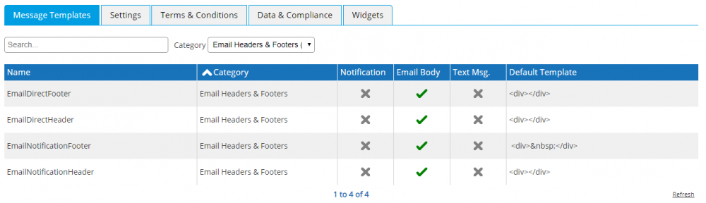 Message Header & Footer Templates List - Desktop