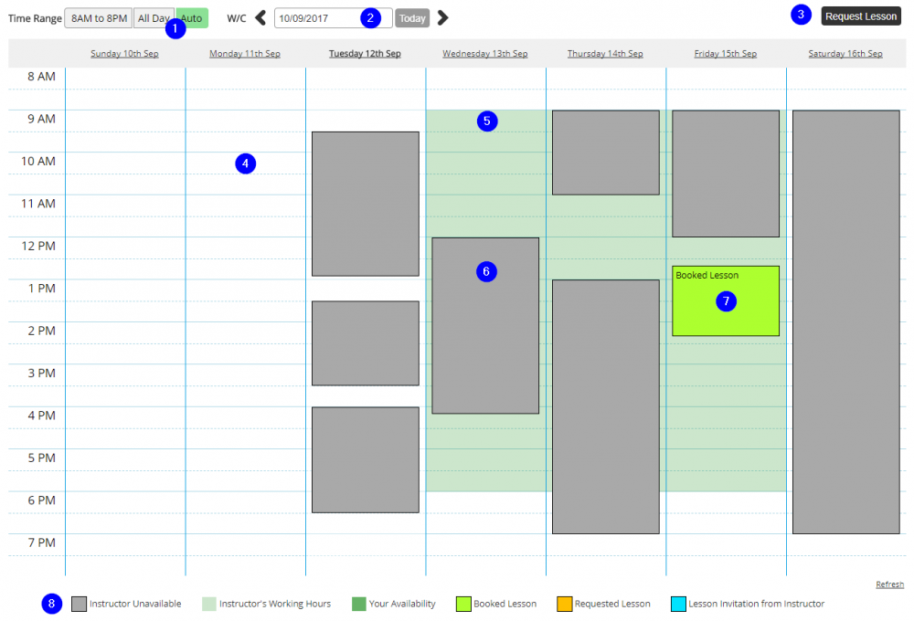 Live Diary for Requesting Lessons - Desktop