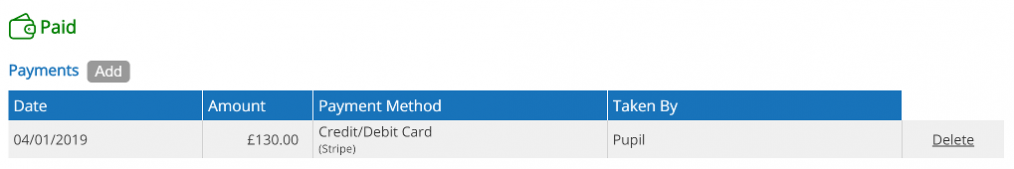 Pre-paid Block Payment - Paid by Pupil Example