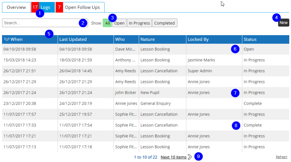 Contact Log List - Desktop