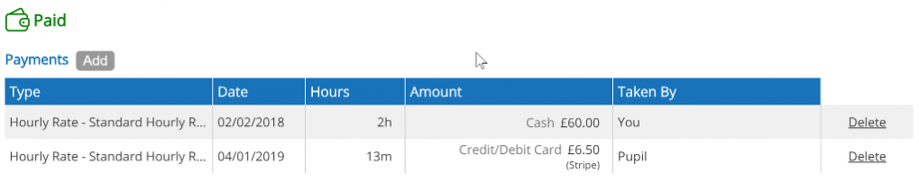 Lesson Payment - Paid by Pupil Example