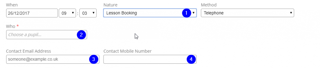 Record Contact Log - Lesson Booking - Desktop
