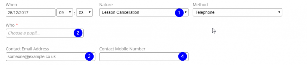 Record Contact Log - Lesson Cancellation - Desktop