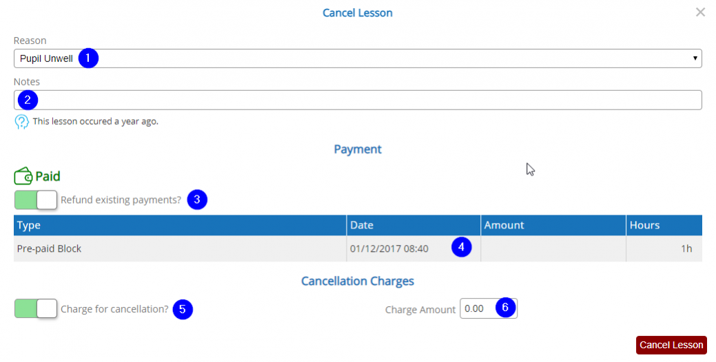 Diary - Lesson Cancellation - Desktop