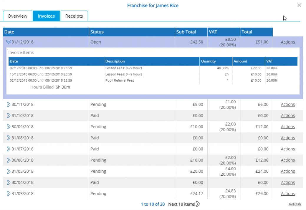 Instructor Invoice List - Desktop
