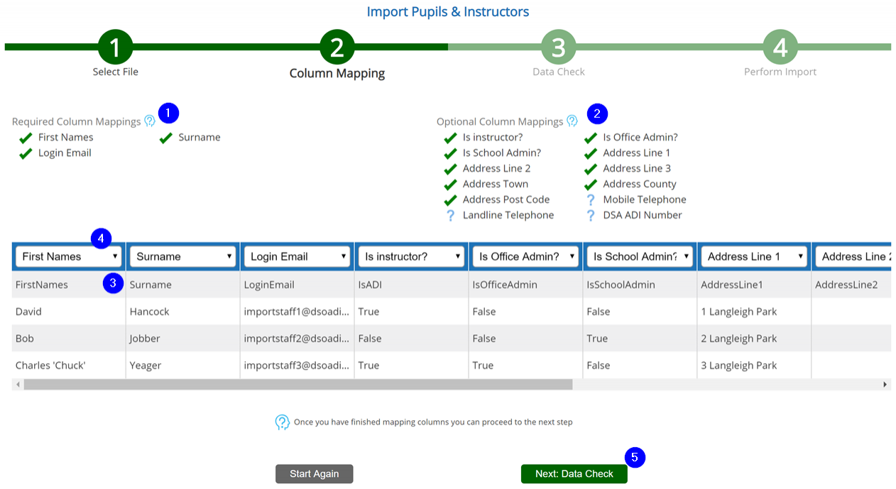 Staff Import - Step 2 - Column Mapping