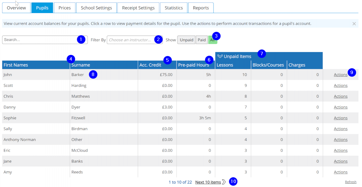 School Payments Pupil List - Desktop