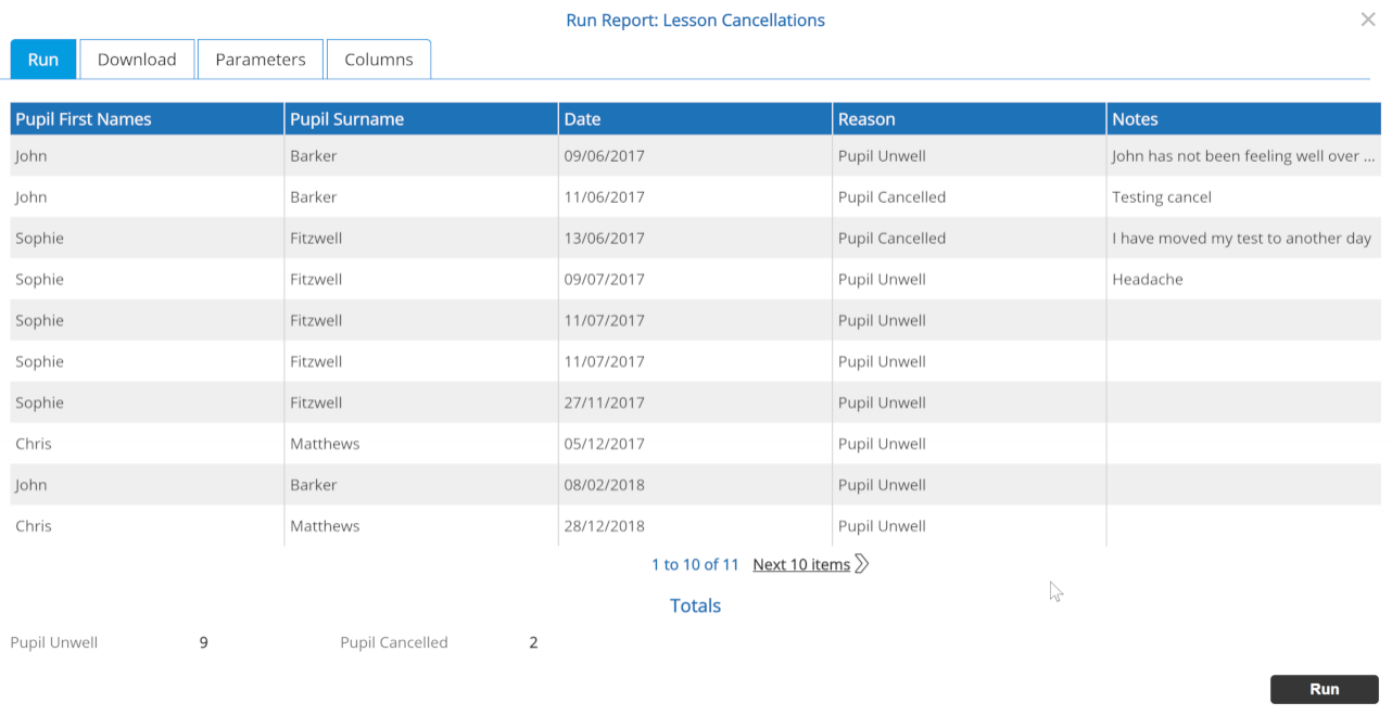 Typical Report Run Results - Desktop