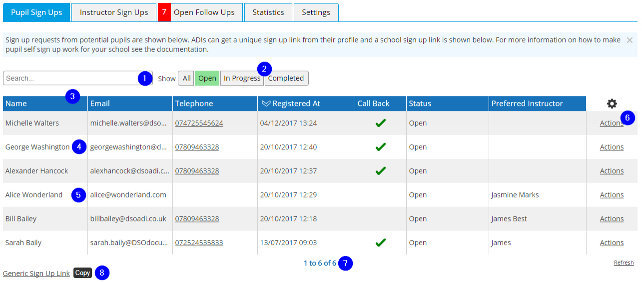 Pupil Sign Ups List - Desktop