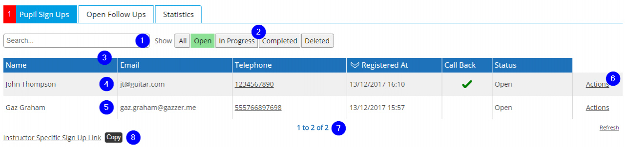 Pupil Sign Ups List - Desktop