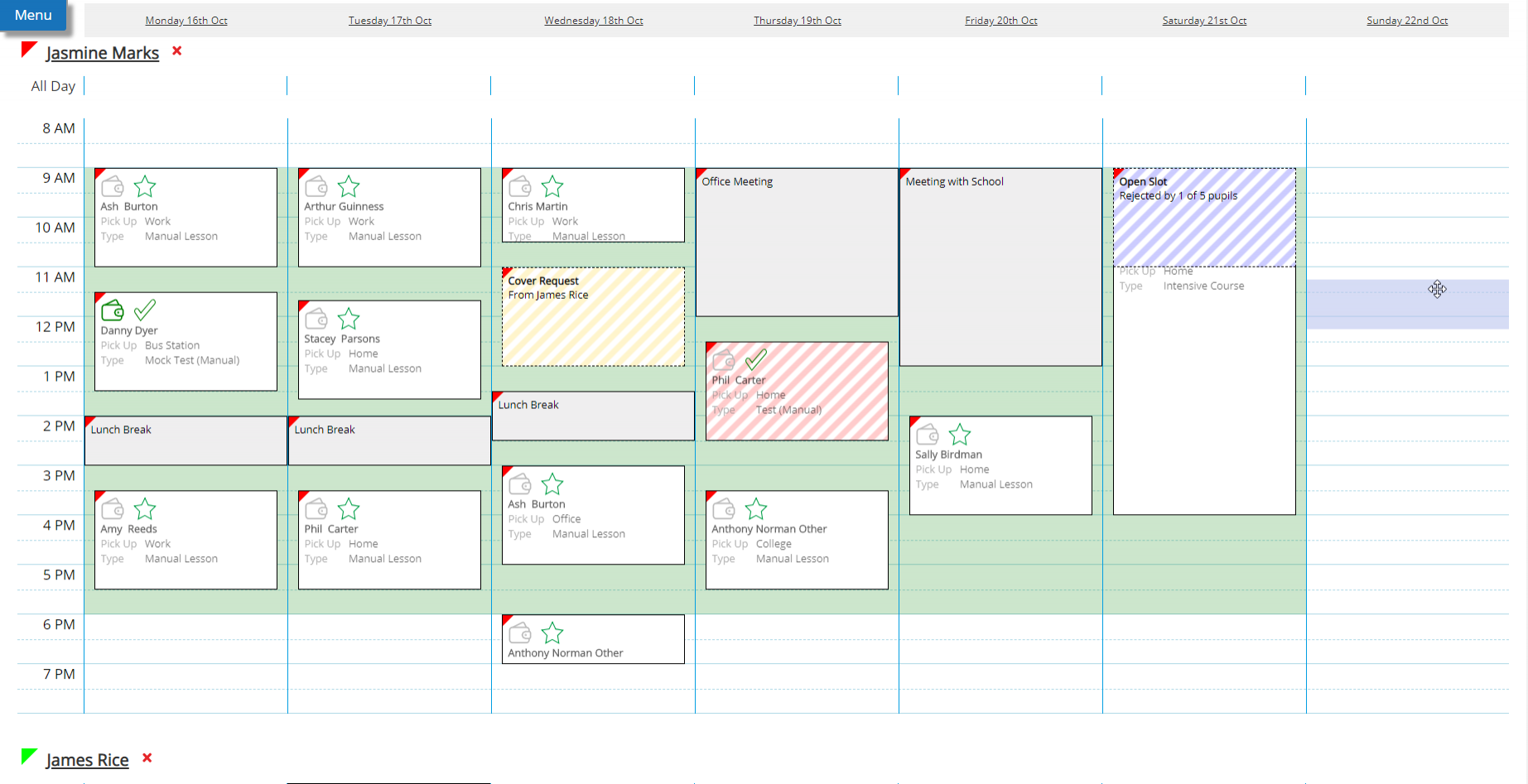 Week View Separate Diary Instructor Example - Desktop