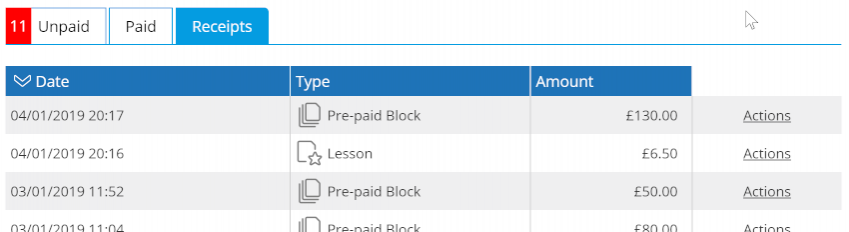 Receipts List - Desktop