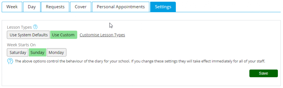 Diary - School Settings - Desktop
