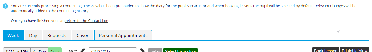 Record Contact Log - Lesson Booking - Diary - Desktop