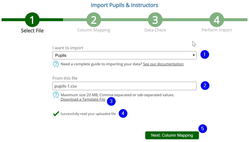 Pupil Import - Step 1 - Uploading