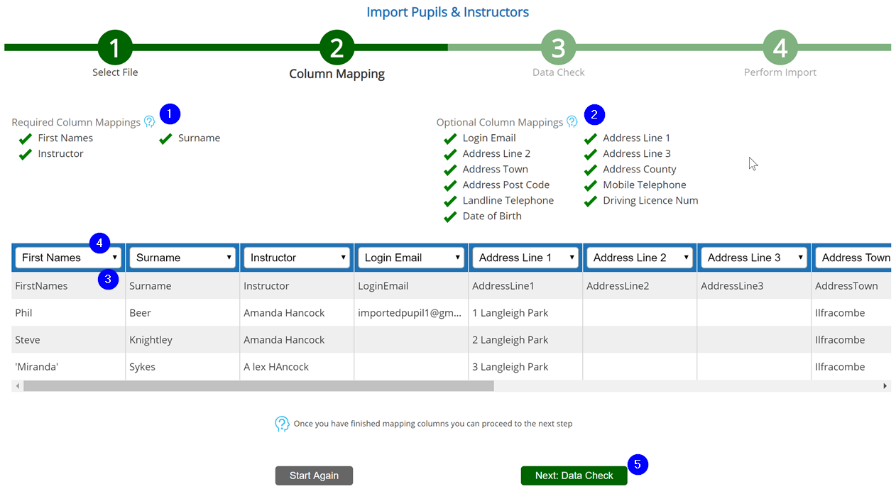 Pupil Import - Step 2 - Column Mapping