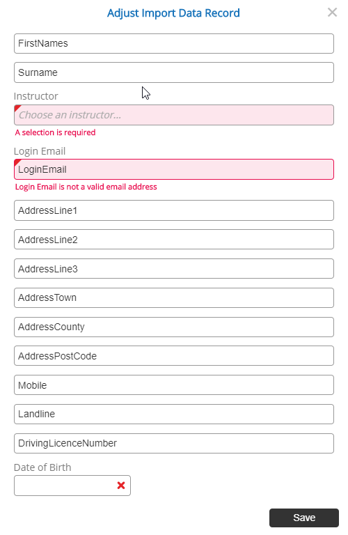 Pupil Import - Step 3 - Adjust Data Popup