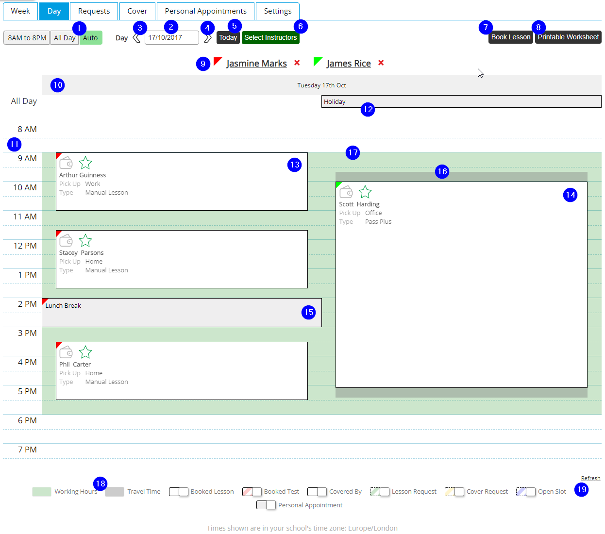 Diary - Day View with Side-by-side Instructors - Desktop