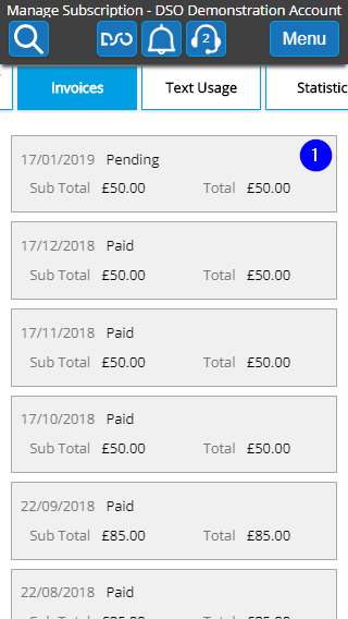 Manage Subscription - Invoices - Mobile