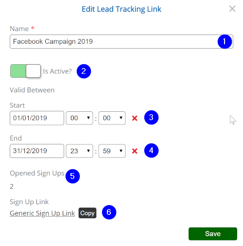 Edit Lead New Tracking Link Popup - Desktop