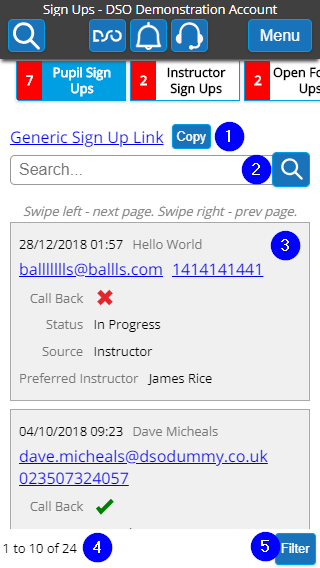 Pupil Sign Ups List - Mobile