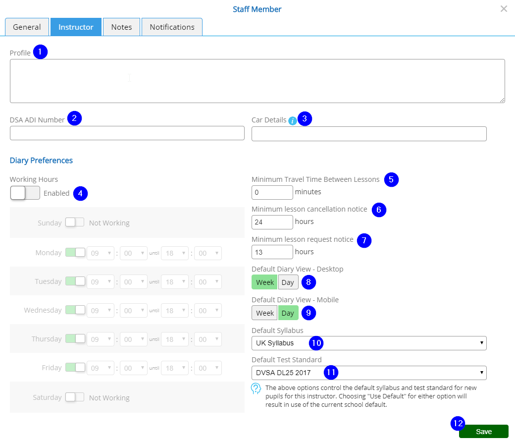 New Staff Member - Instructor Settings Tab - Desktop
