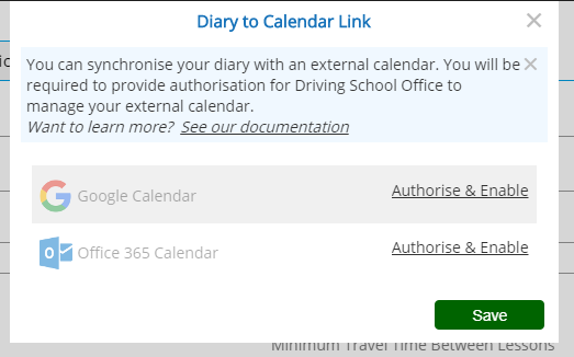 Calendar Link Settings - Disabled
