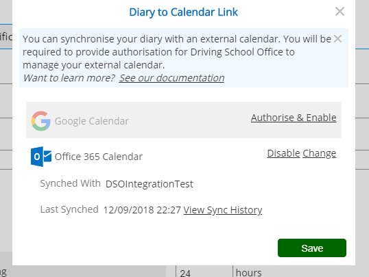 Calendar Link Settings - Enabled