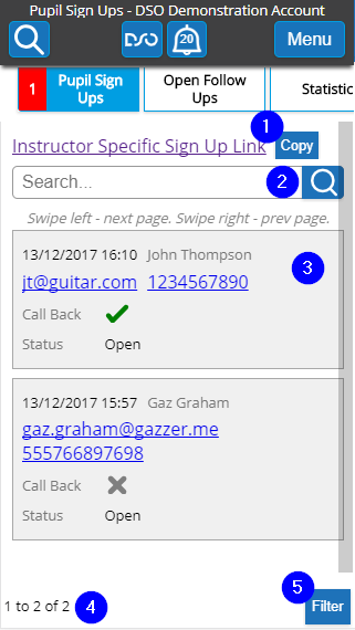 Pupil Sign Ups List - Mobile