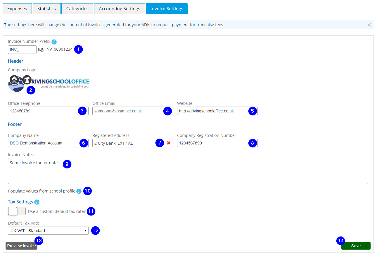 School Invoice Settings - Desktop