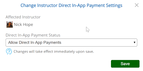 In App Payments - Direct Payments - Single Instructor Setting Popup
